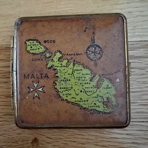 Vintage Square Leather Compact Powder Mirror Souvenir of Malta